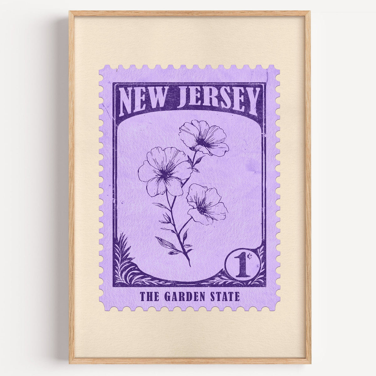 New Jersey state flower stamp print in deep violet on lavender, light oak frame on a plain white wall