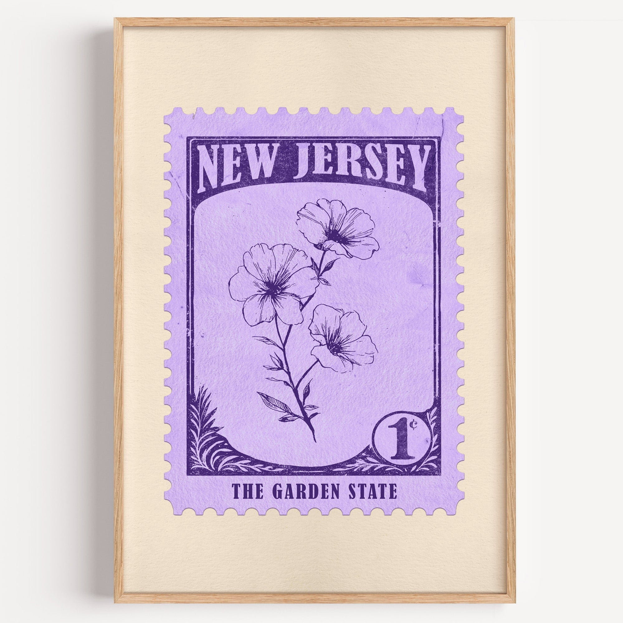 New Jersey state flower stamp print in deep violet on lavender, light oak frame on a plain white wall