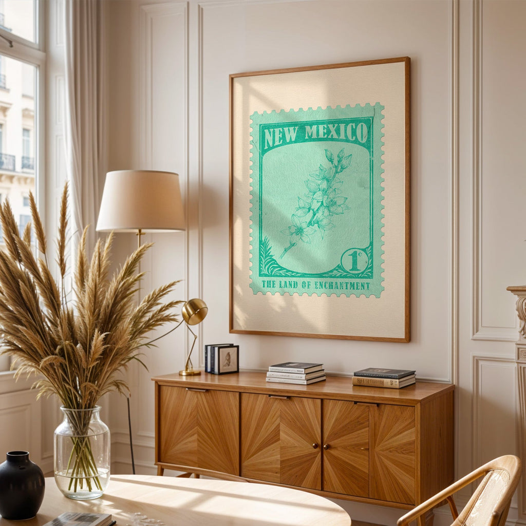 New Mexico stamp print framed above a wooden sideboard, pampas grass in a glass vase and a floor lamp
