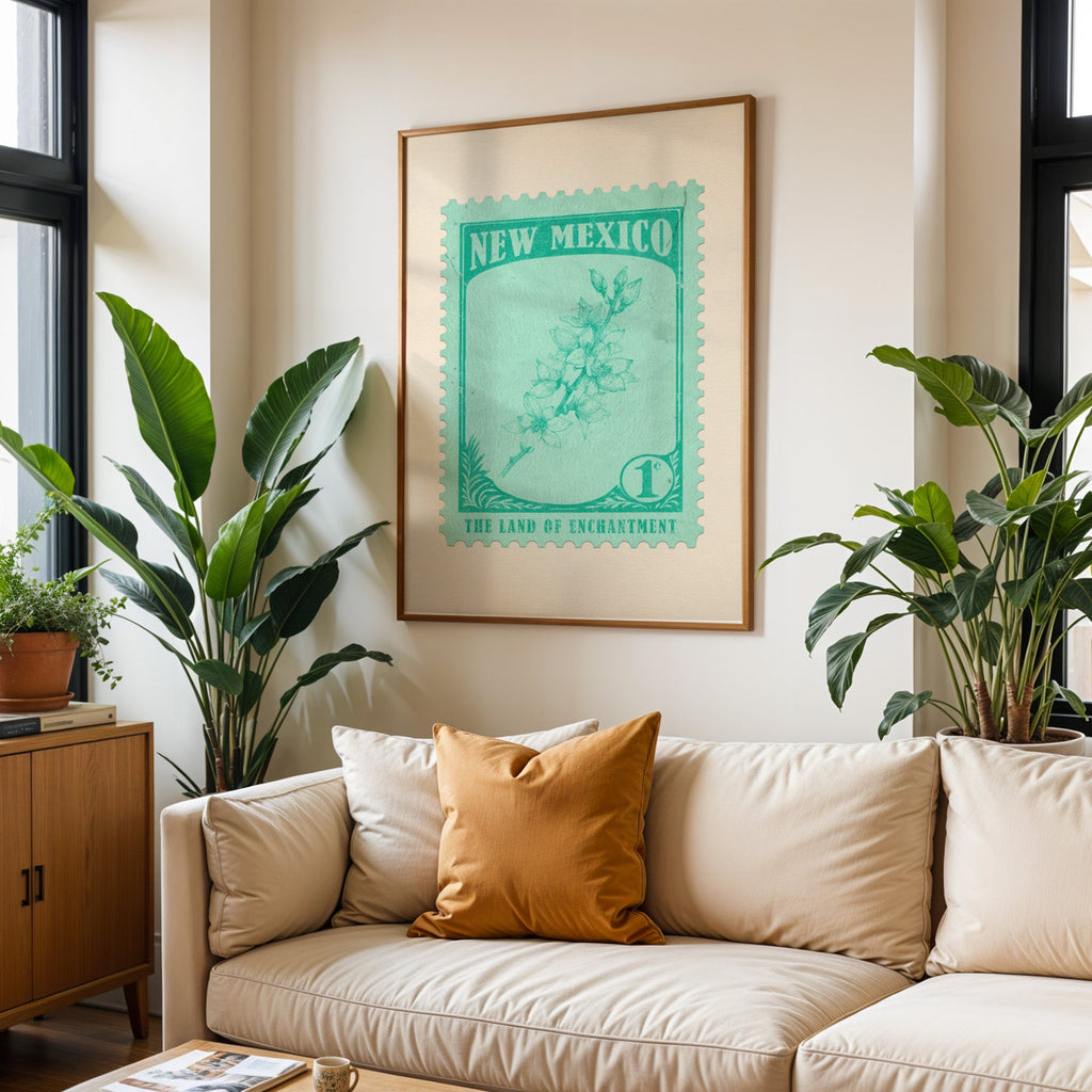 New Mexico state flower print framed above a cream sofa with an ochre cushion and large plants either side