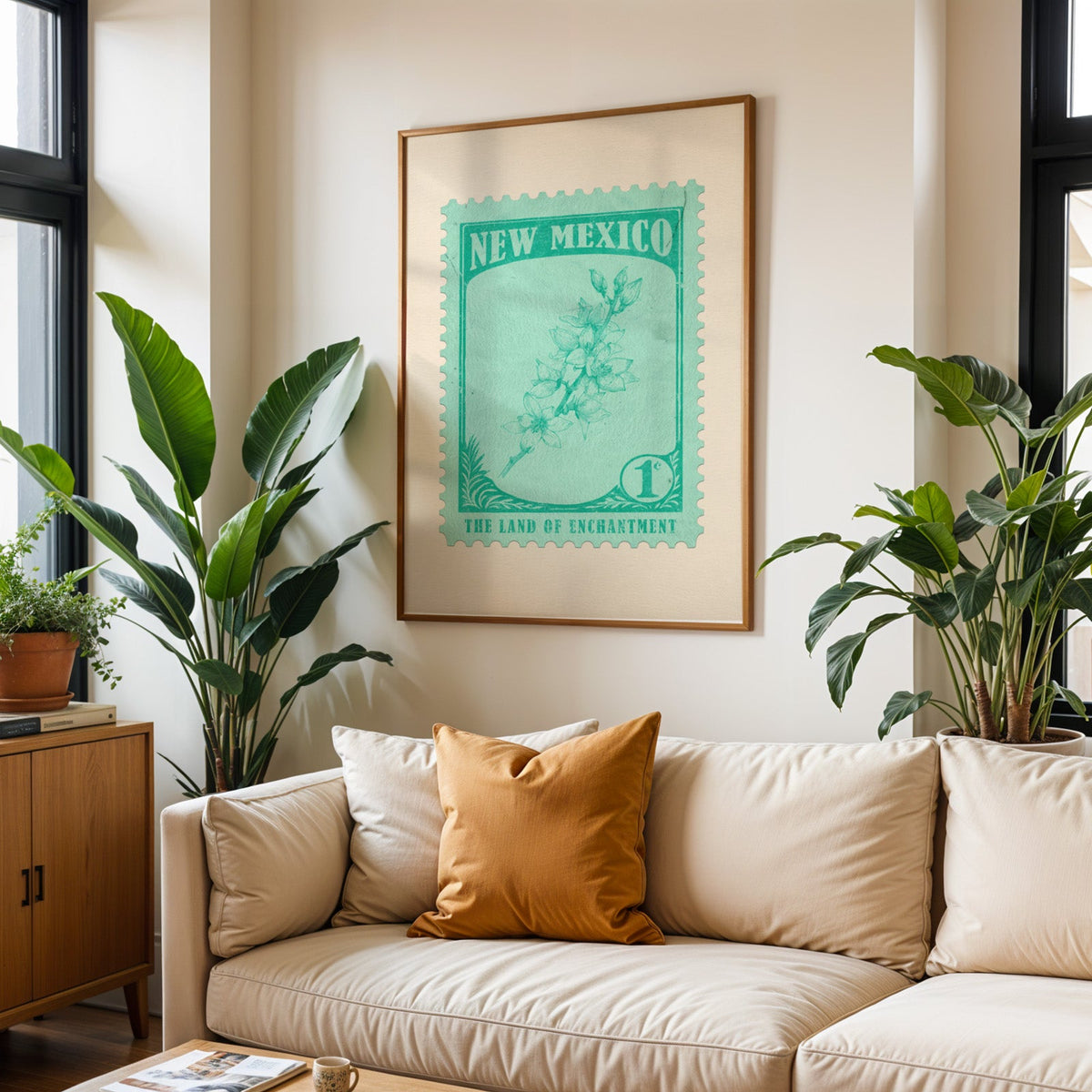 New Mexico state flower print framed above a cream sofa with an ochre cushion and large plants either side