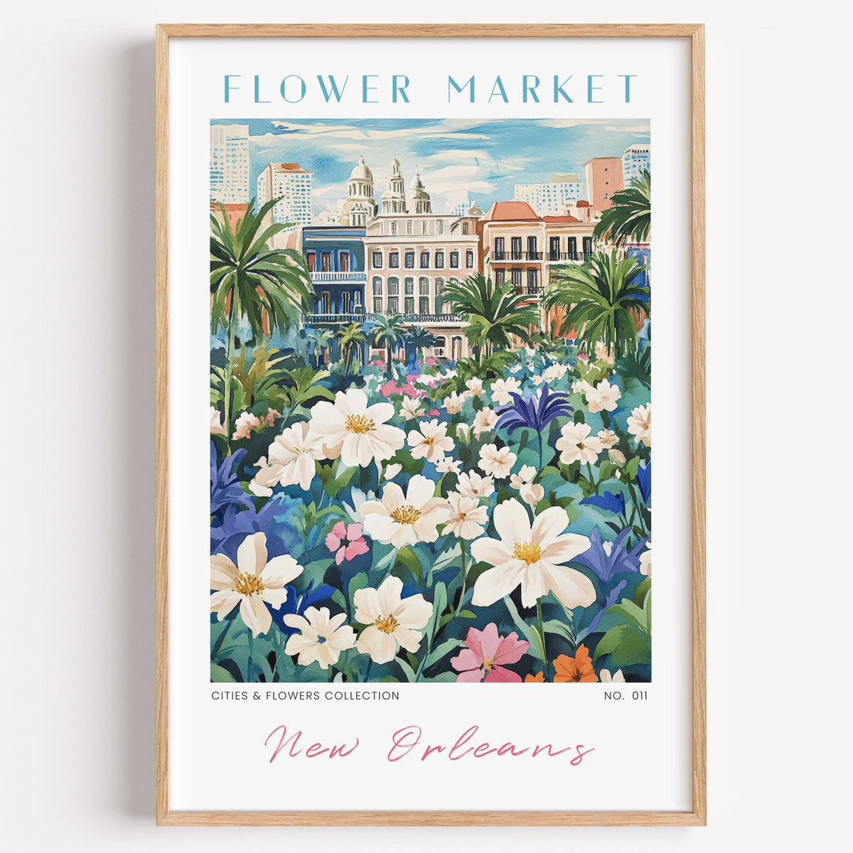 New Orleans flower market print in a light oak frame on a plain white wall