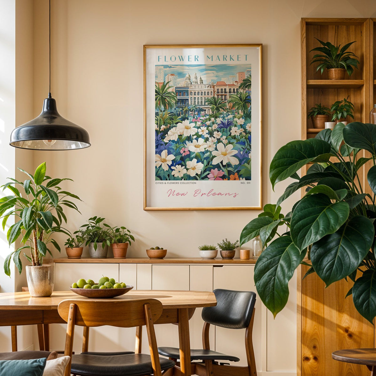 New Orleans flower market print in an oak frame above a dining sideboard lined with potted plants