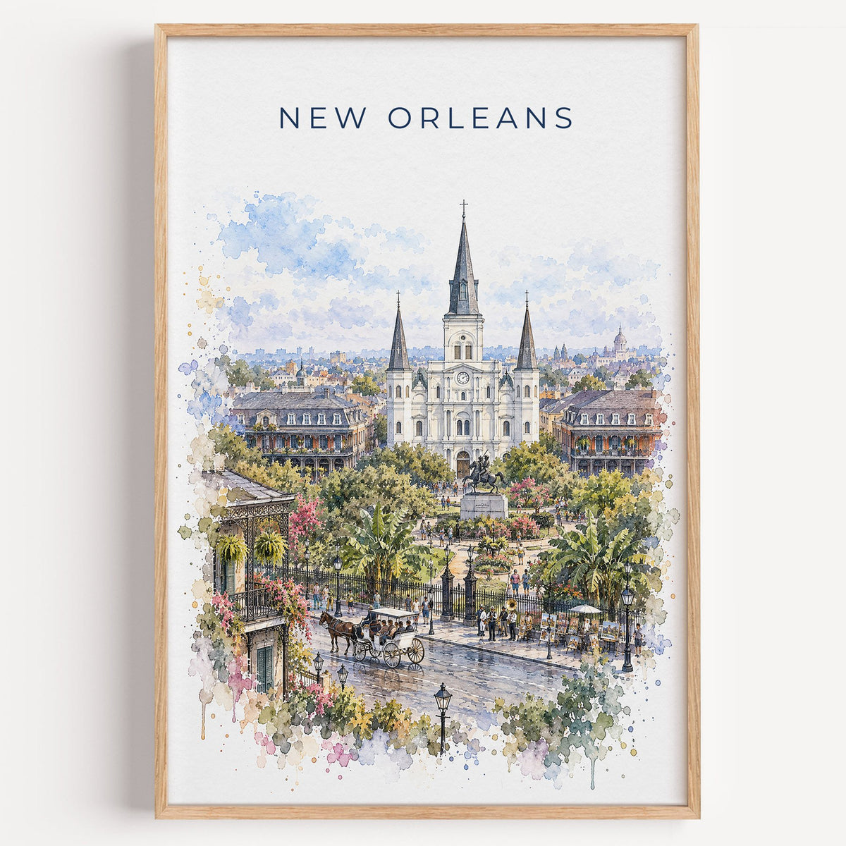 New Orleans watercolor print in a light oak frame on a plain white wall