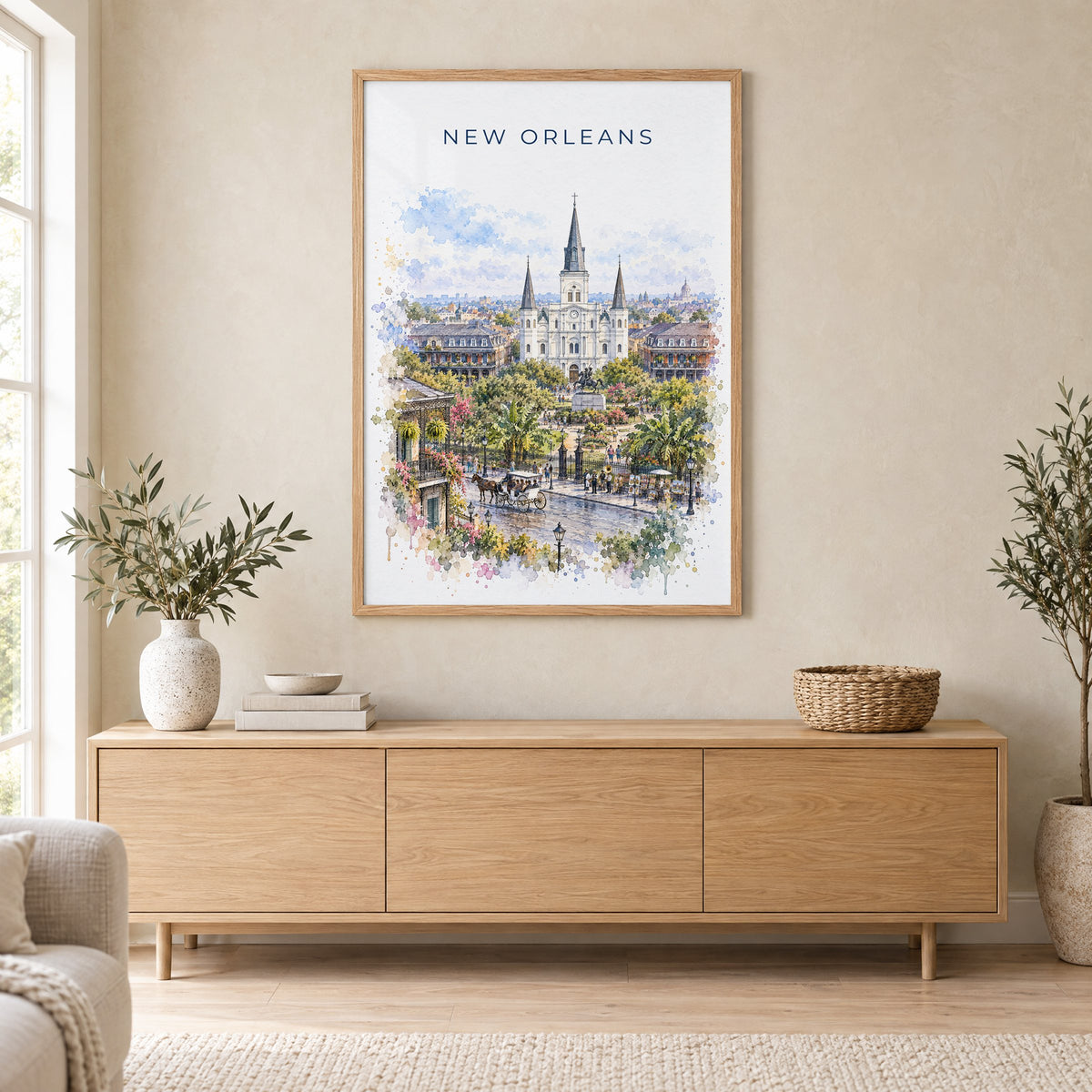 New Orleans watercolor print in an oak frame above a light wood sideboard in a Scandinavian living room