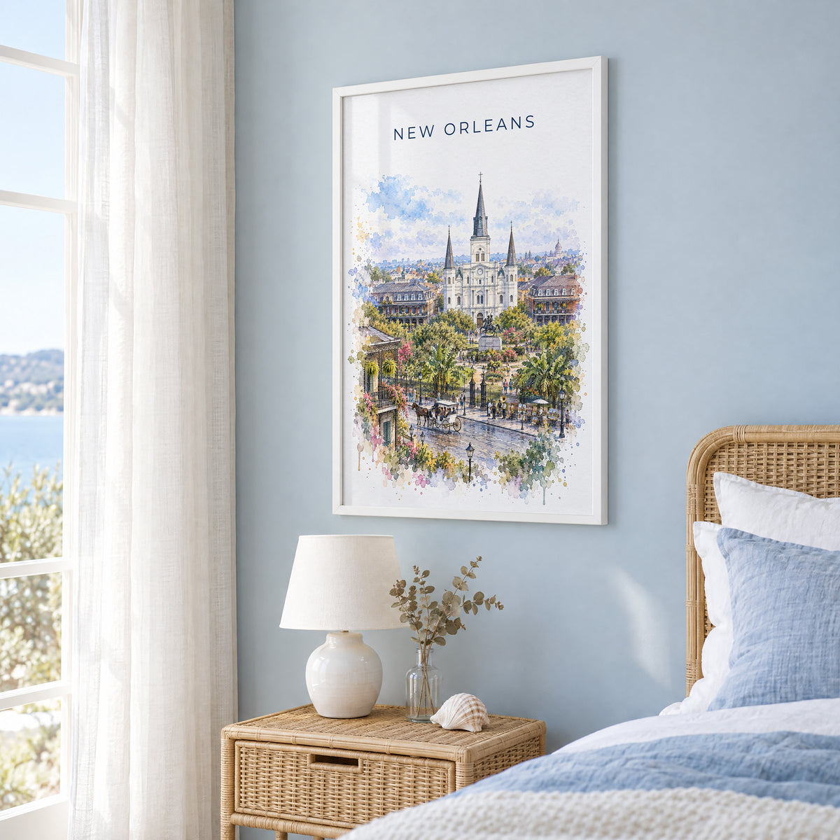 New Orleans watercolor print in a white frame on a pale blue wall beside a rattan bed in a coastal bedroom
