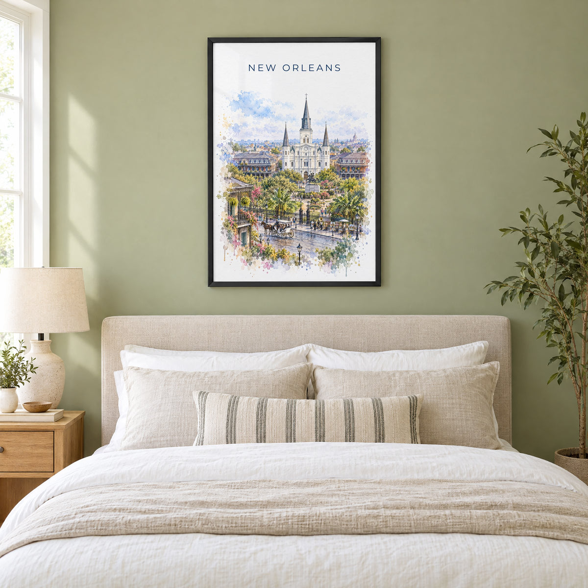 New Orleans watercolor print in a black frame above an upholstered headboard in a sage green bedroom