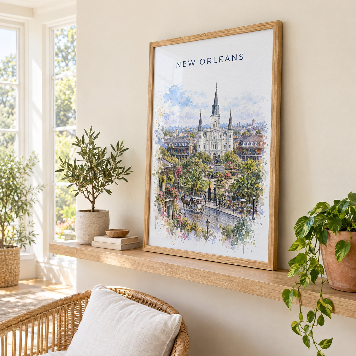 New Orleans watercolor print in an oak frame on a picture ledge in a sunlit sunroom