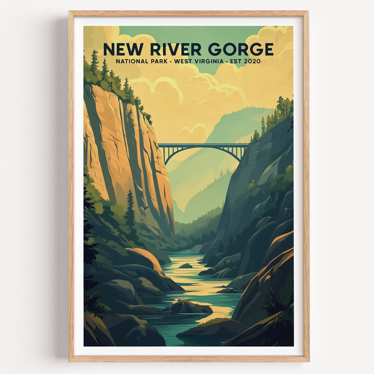 New River Gorge National Park illustrated print: a steel arch bridge over a gorge, in an oak frame