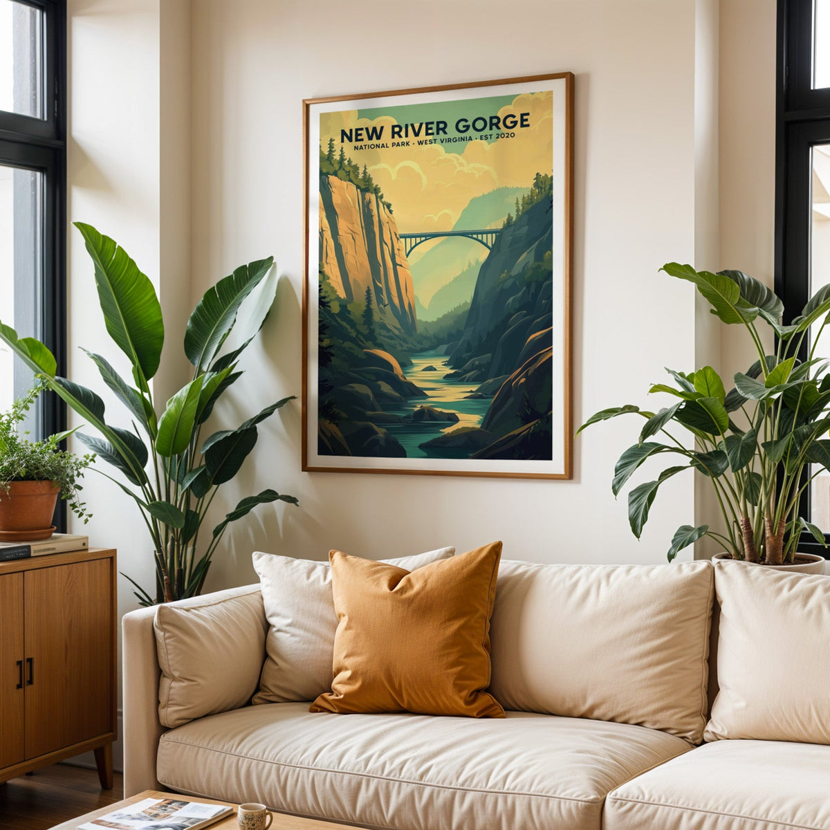 New River Gorge National Park print in an oak frame above a cream living room sofa with an ochre cushion