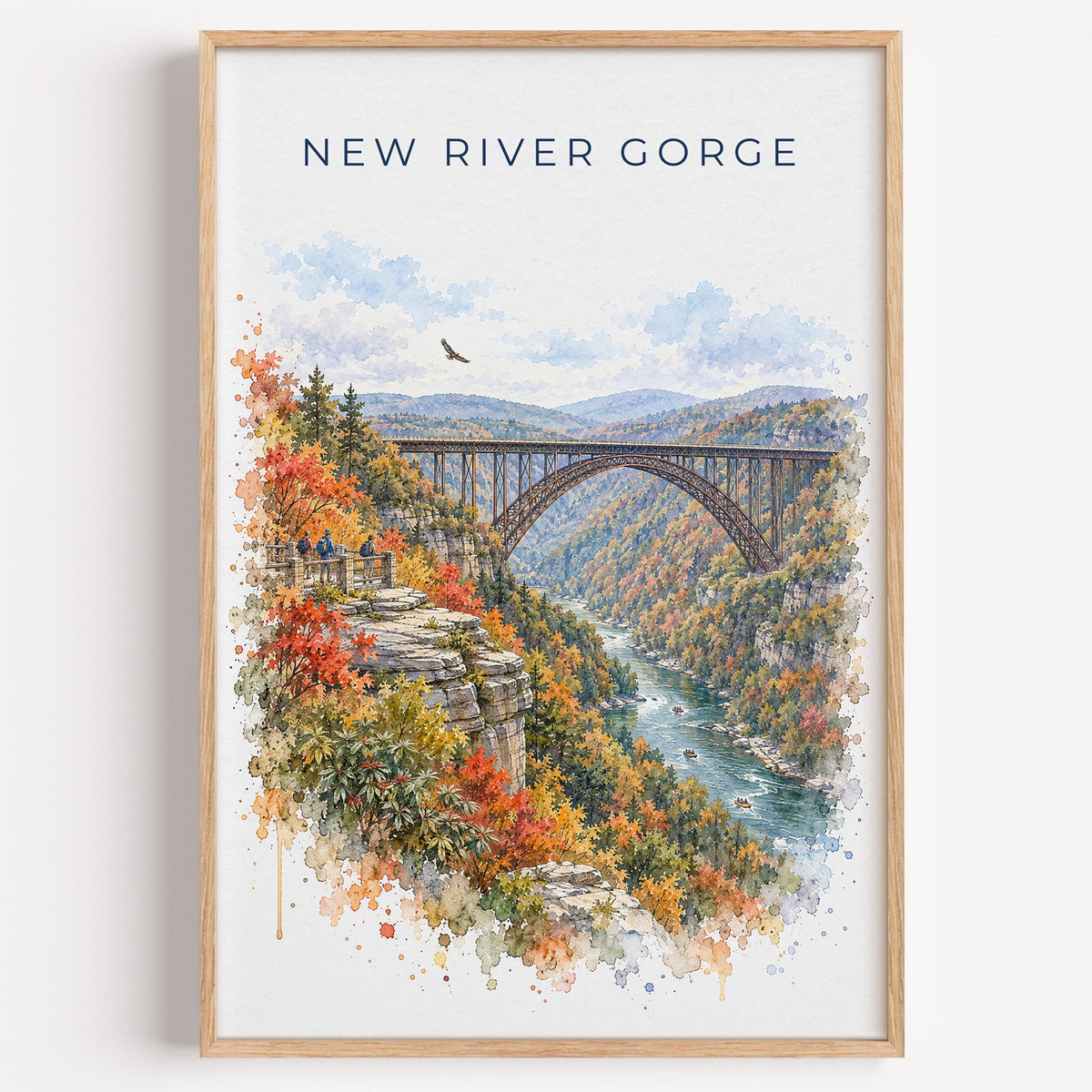 New River Gorge National Park watercolor print in a light oak frame on a plain white wall