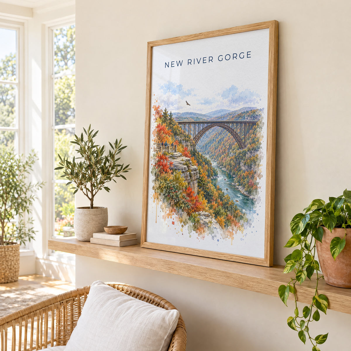 New River Gorge National Park watercolor print in an oak frame on a picture ledge in a sunlit sunroom