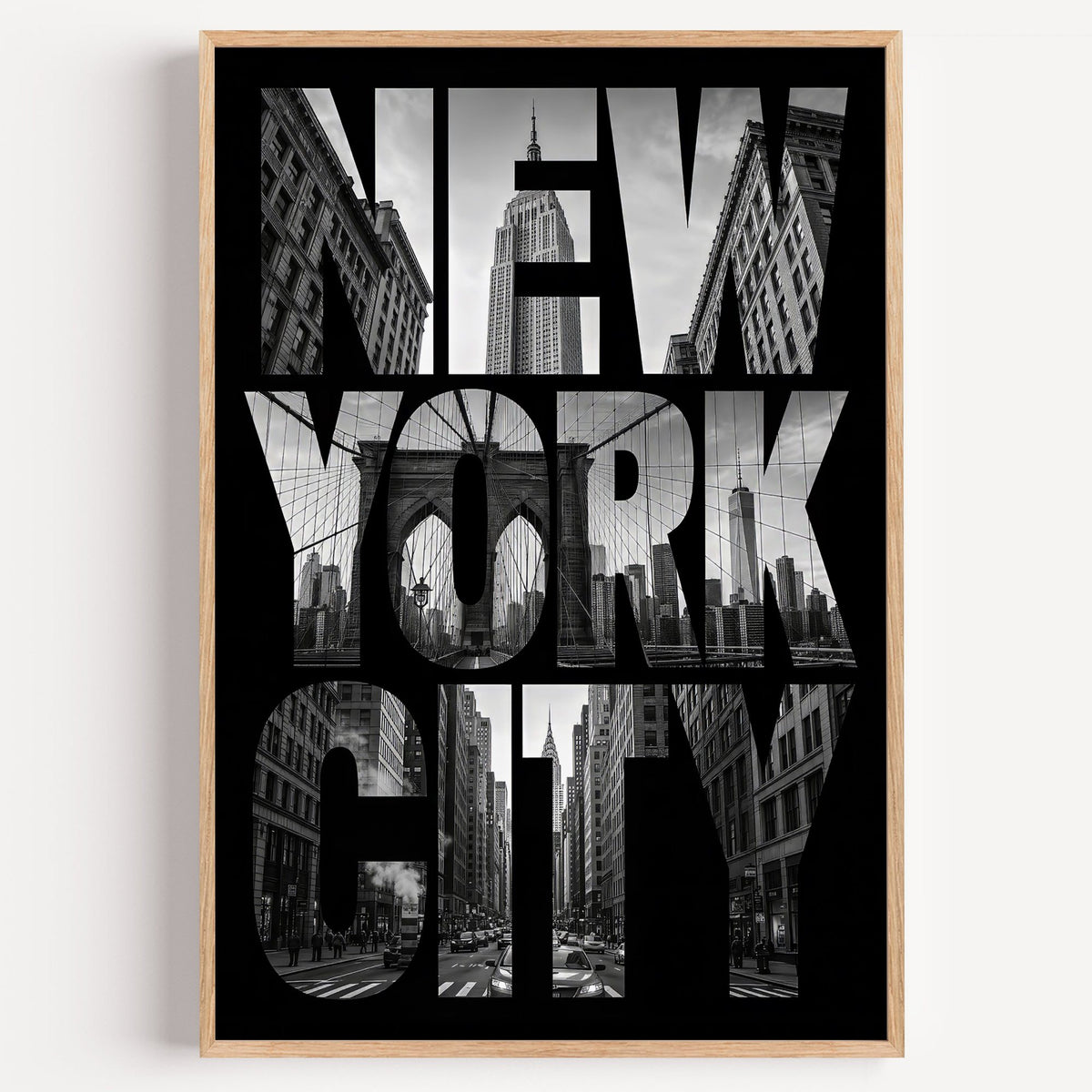 New York City letters filled with skyline photo print in a light oak frame on a plain white wall