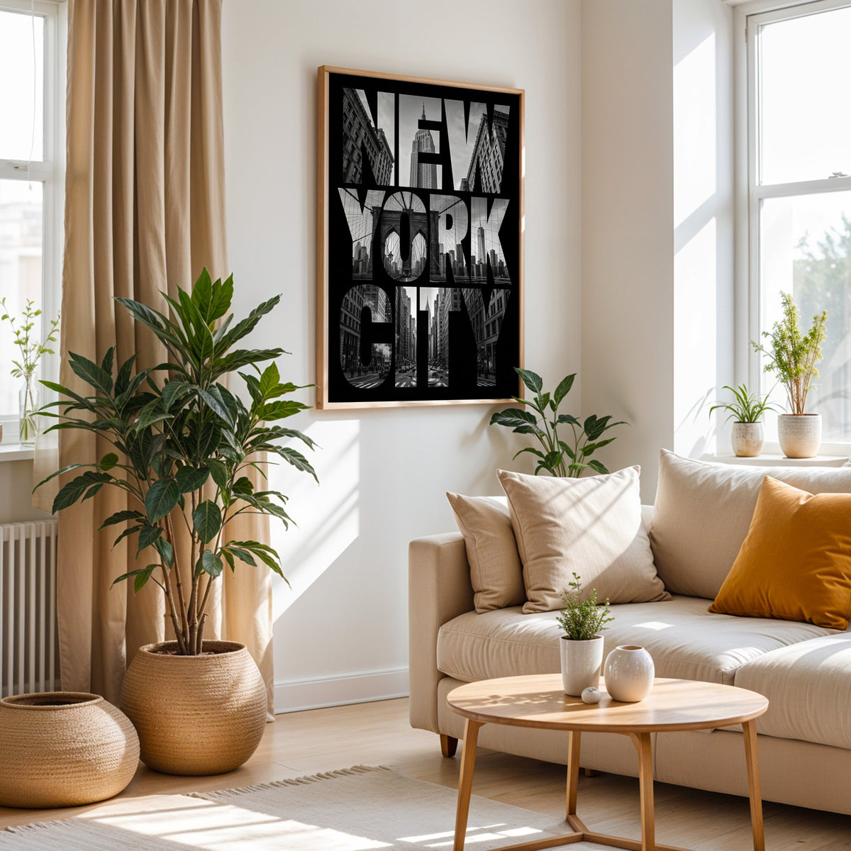 New York City letters filled with skyline photo print in an oak frame above a cream sofa beside woven planters