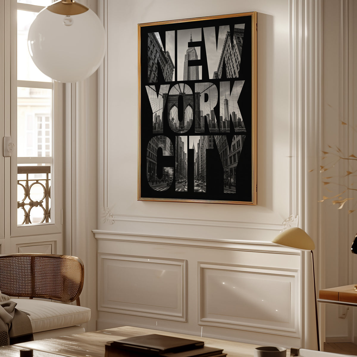 New York City letters filled with skyline photo print shown in a gold frame in a Parisian paneled living room