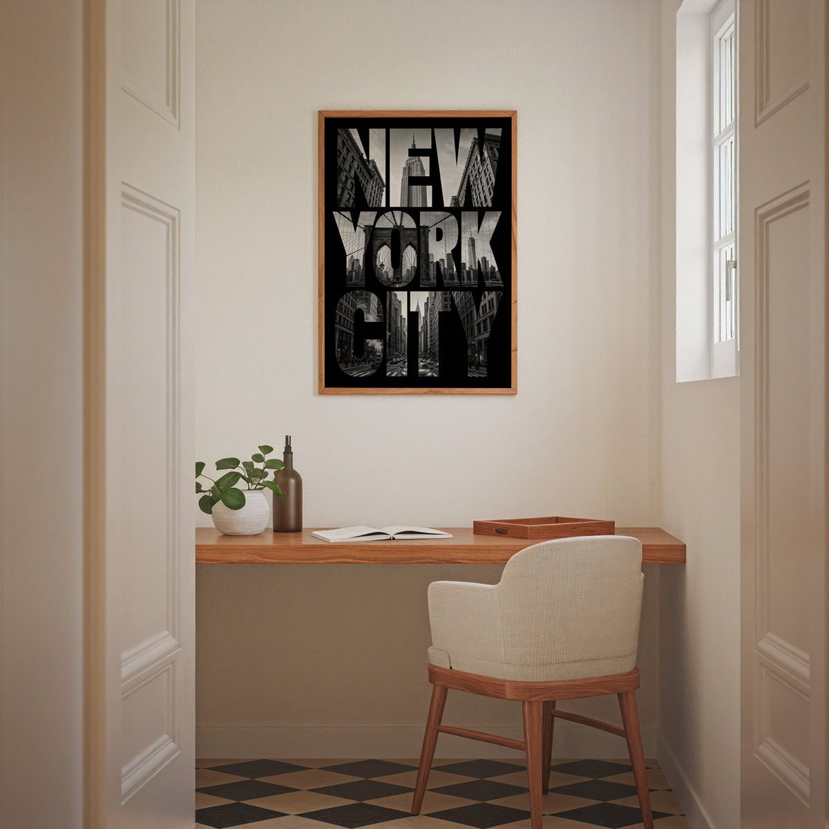 New York City letters filled with skyline photo print in an oak frame above a home office desk nook