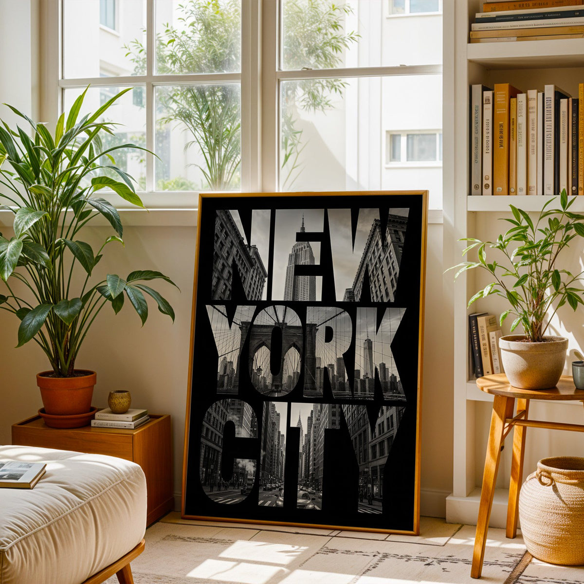 New York City letters filled with skyline photo print shown in a brass frame leaning on a sunlit living room floor