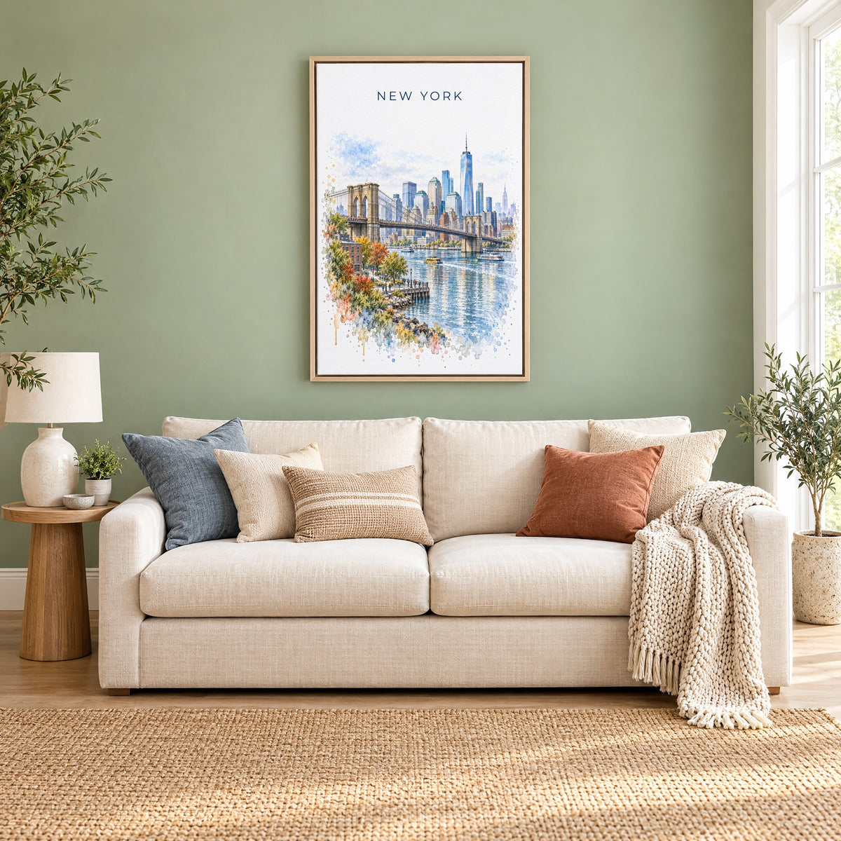New York City watercolor print as a natural floater canvas above a cream linen sofa on a sage green wall
