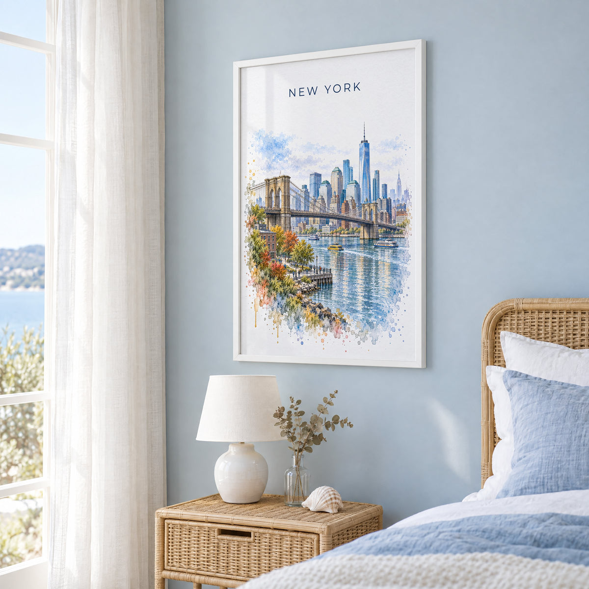 New York City watercolor print in a white frame on a pale blue wall beside a rattan bed in a coastal bedroom