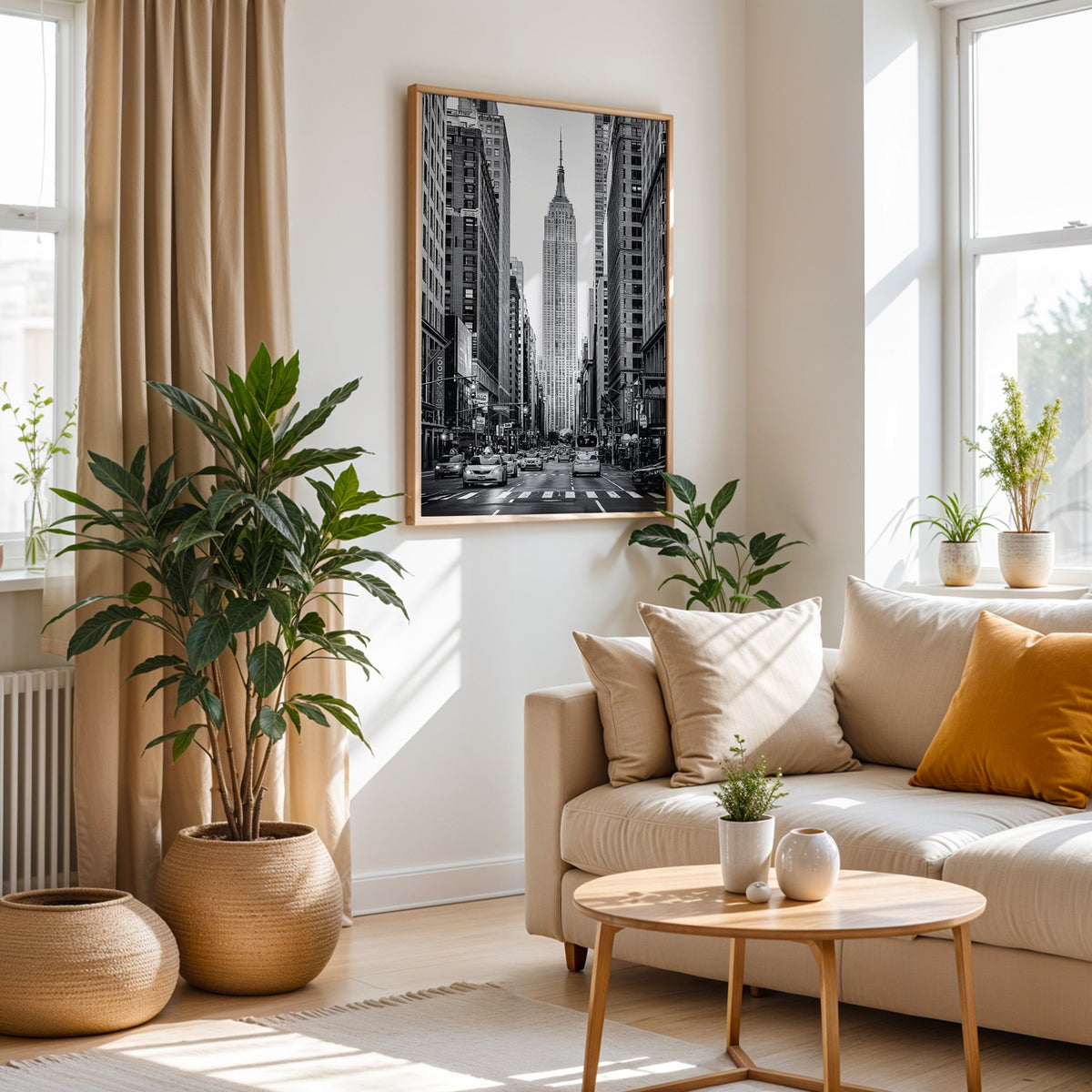 Empire State Building avenue with taxis print in an oak frame above a cream sofa beside woven planters