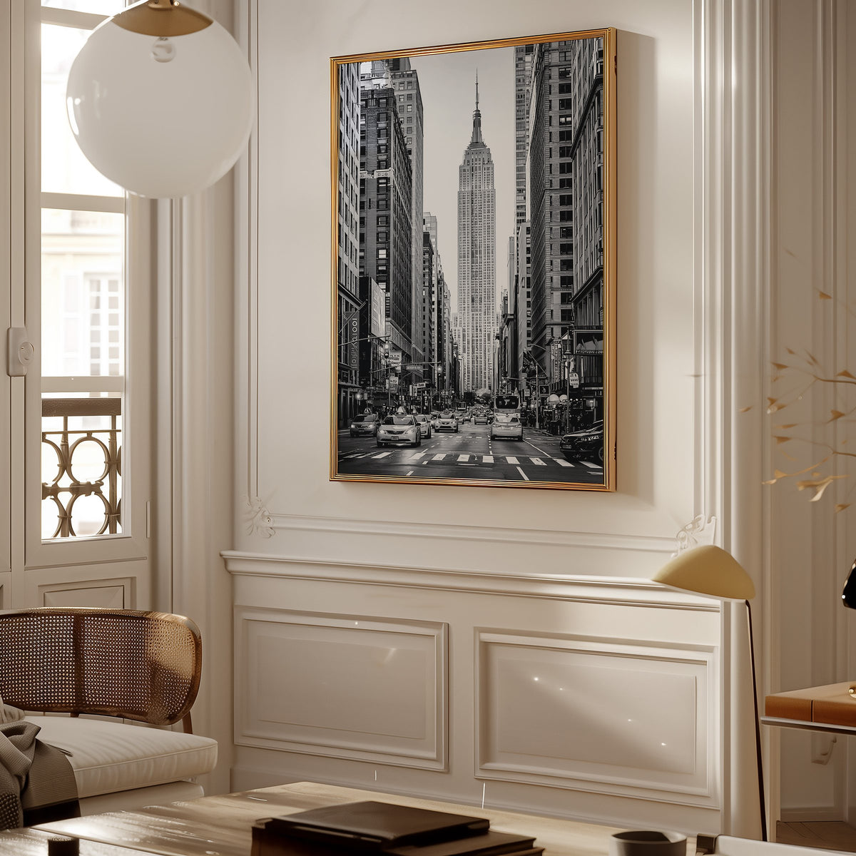 Empire State Building avenue with taxis print shown in a gold frame in a Parisian paneled living room