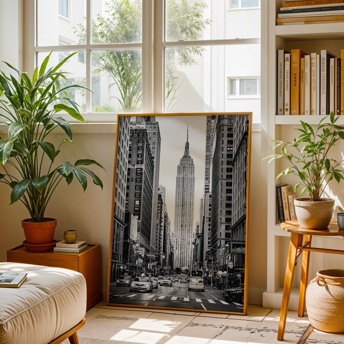 Empire State Building avenue with taxis print shown in a brass frame leaning on a sunlit living room floor