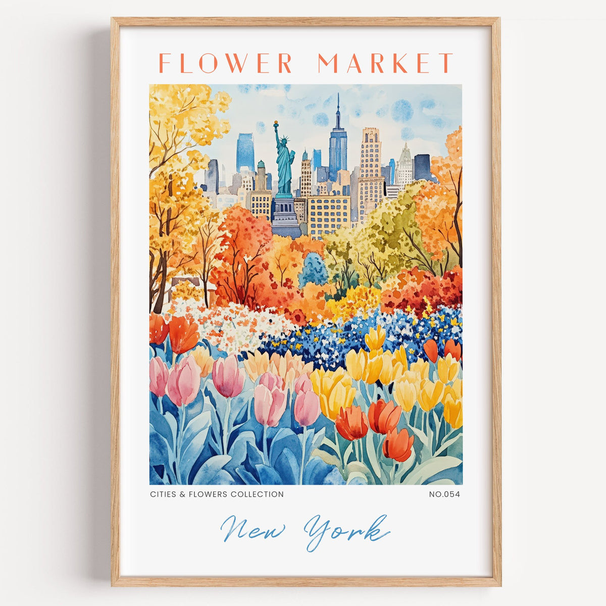 New York flower market print in a light oak frame on a plain white wall