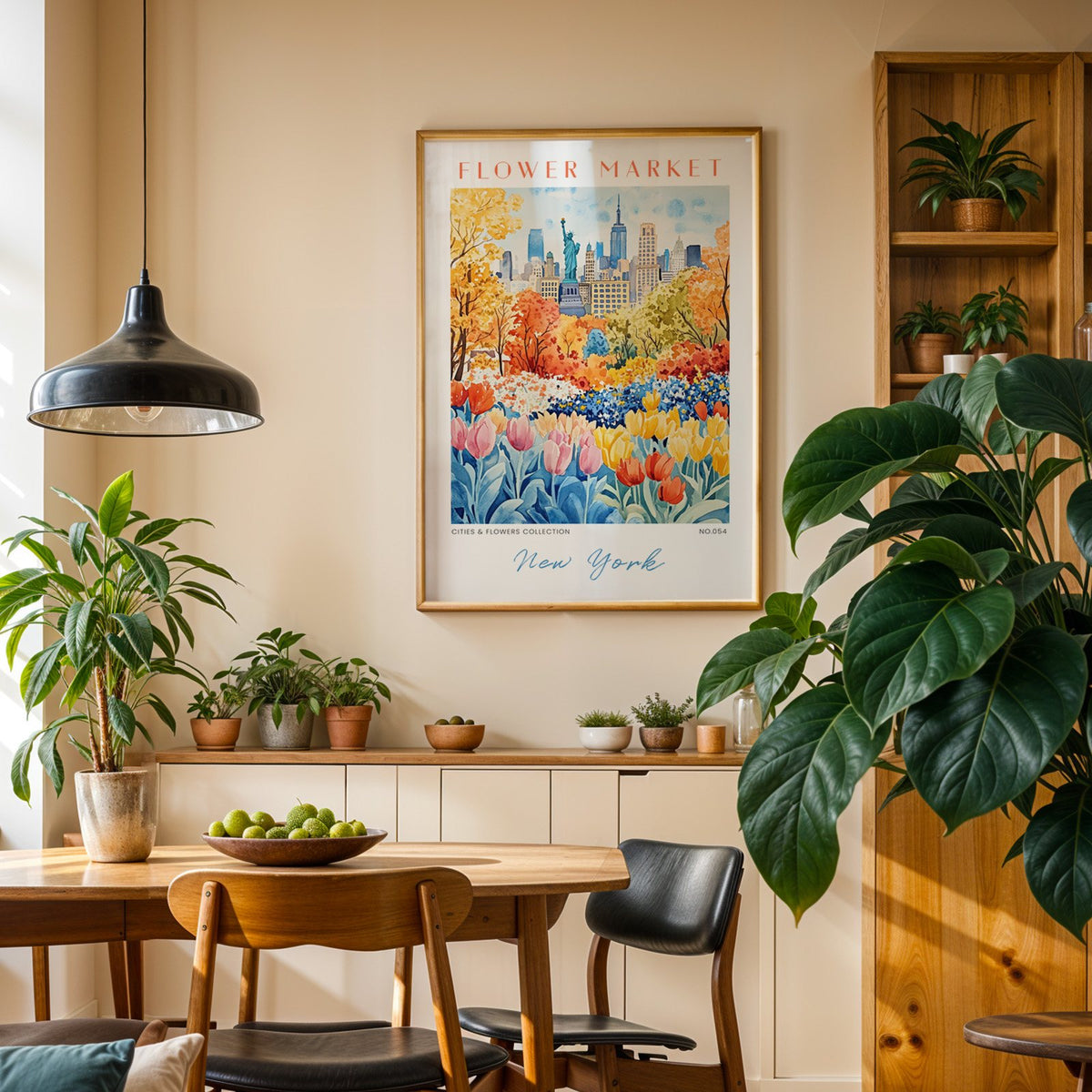 New York flower market print in an oak frame above a dining sideboard lined with potted plants