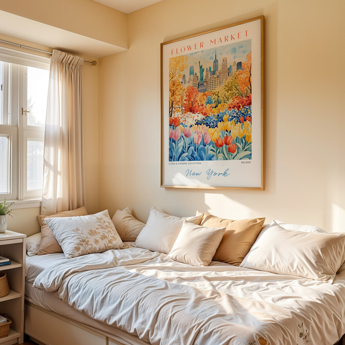 New York flower market print in an oak frame above a cream daybed in a sunny bedroom