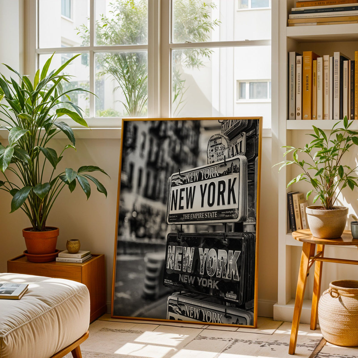 New York souvenir license plates on a rack print shown in a brass frame leaning on a sunlit living room floor