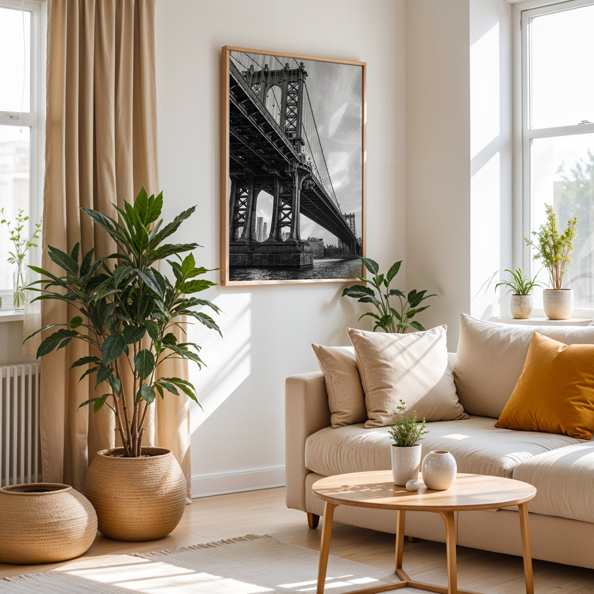 Manhattan Bridge underside from the river print in an oak frame above a cream sofa beside woven planters