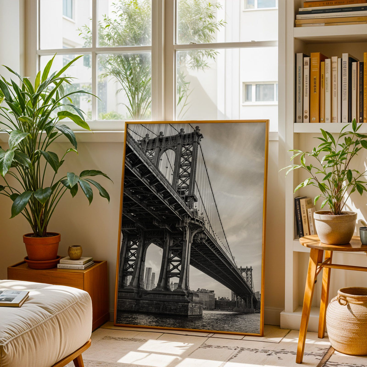 Manhattan Bridge underside from the river print shown in a brass frame leaning on a sunlit living room floor