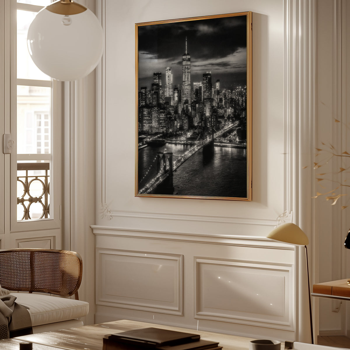 New York skyline at night with Brooklyn Bridge print shown in a gold frame in a Parisian paneled living room