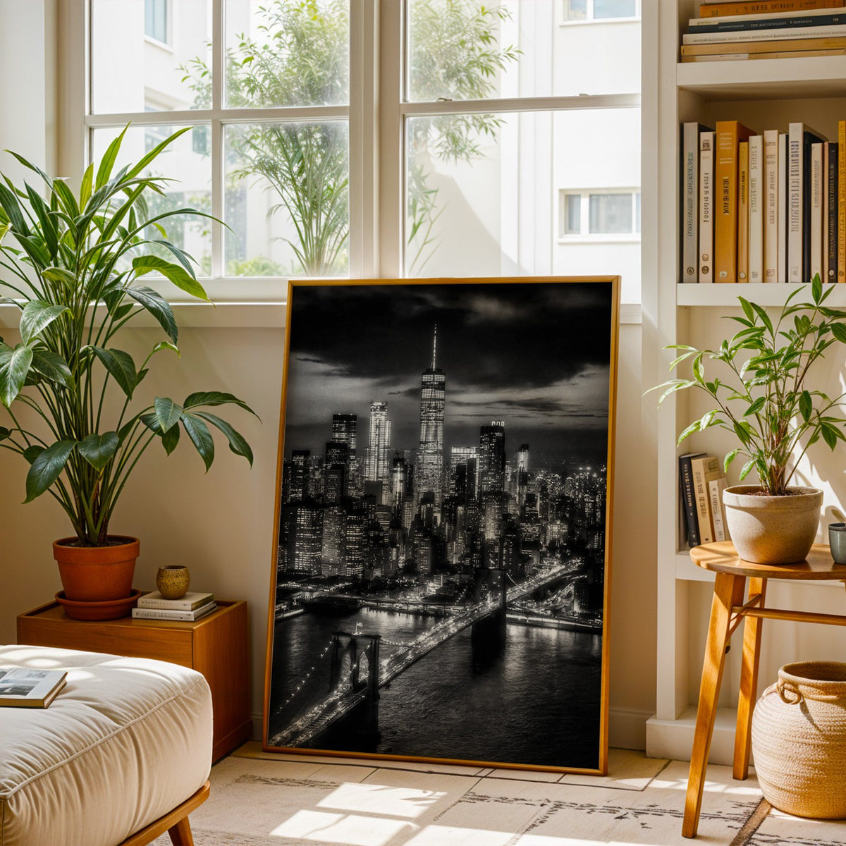 New York skyline at night with Brooklyn Bridge print shown in a brass frame leaning on a sunlit living room floor