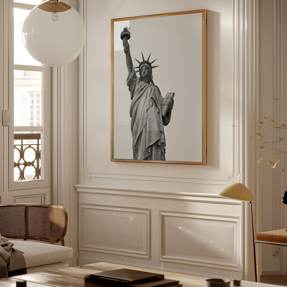 Statue of Liberty torch and tablet photo print shown in a gold frame in a Parisian paneled living room