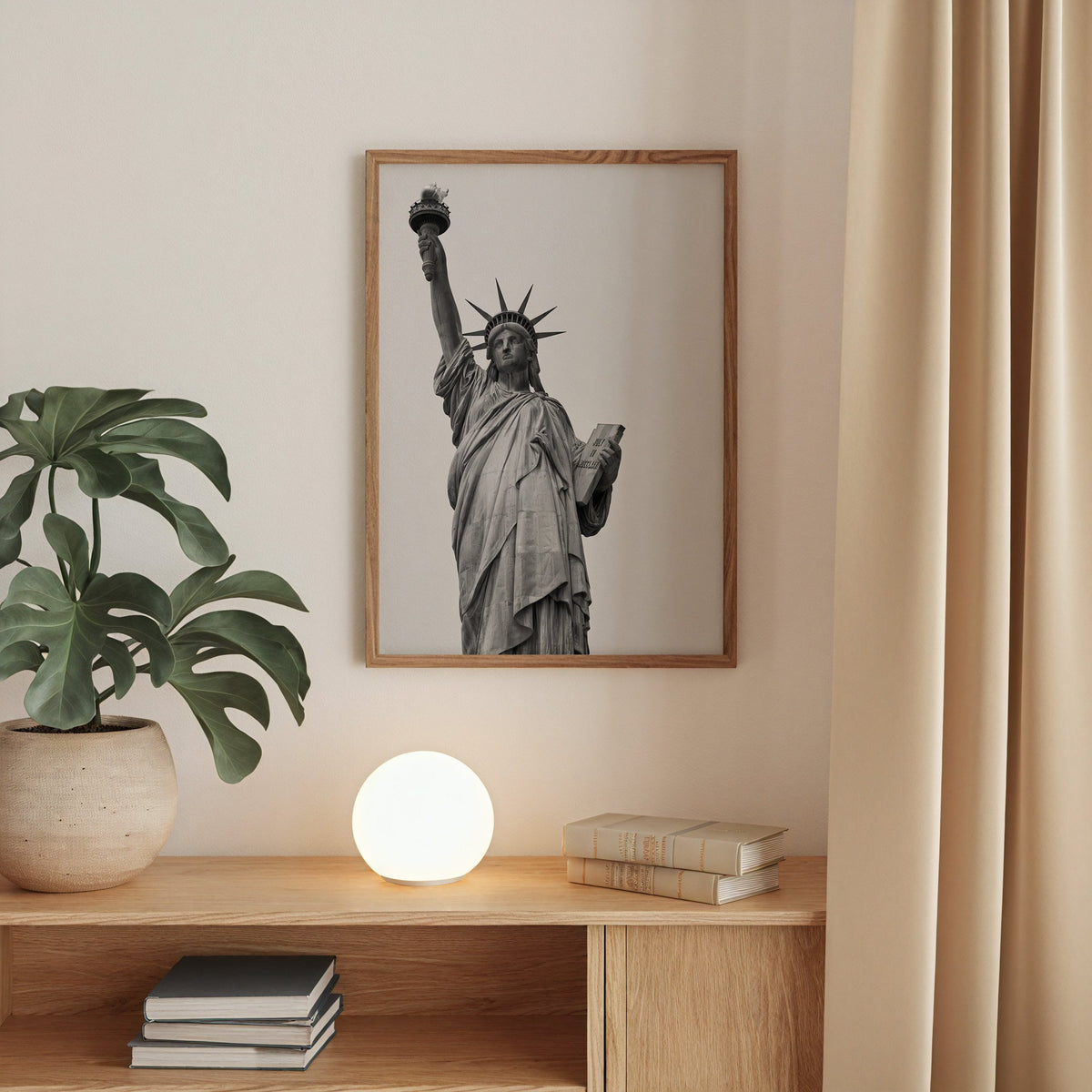 Statue of Liberty torch and tablet photo print in a walnut frame above an oak cabinet with a glowing globe lamp