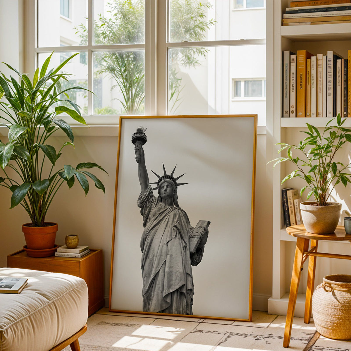 Statue of Liberty torch and tablet photo print shown in a brass frame leaning on a sunlit living room floor