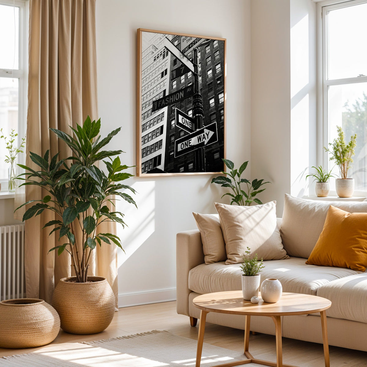 New York street sign pole with one way signs print in an oak frame above a cream sofa beside woven planters