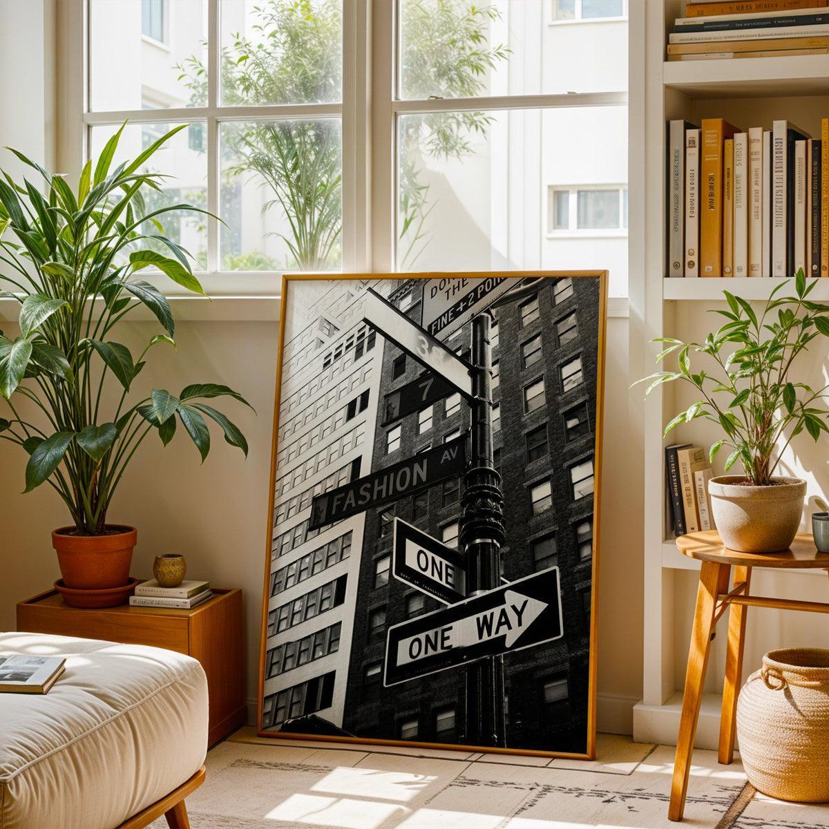 New York street sign pole with one way signs print shown in a brass frame leaning on a sunlit living room floor