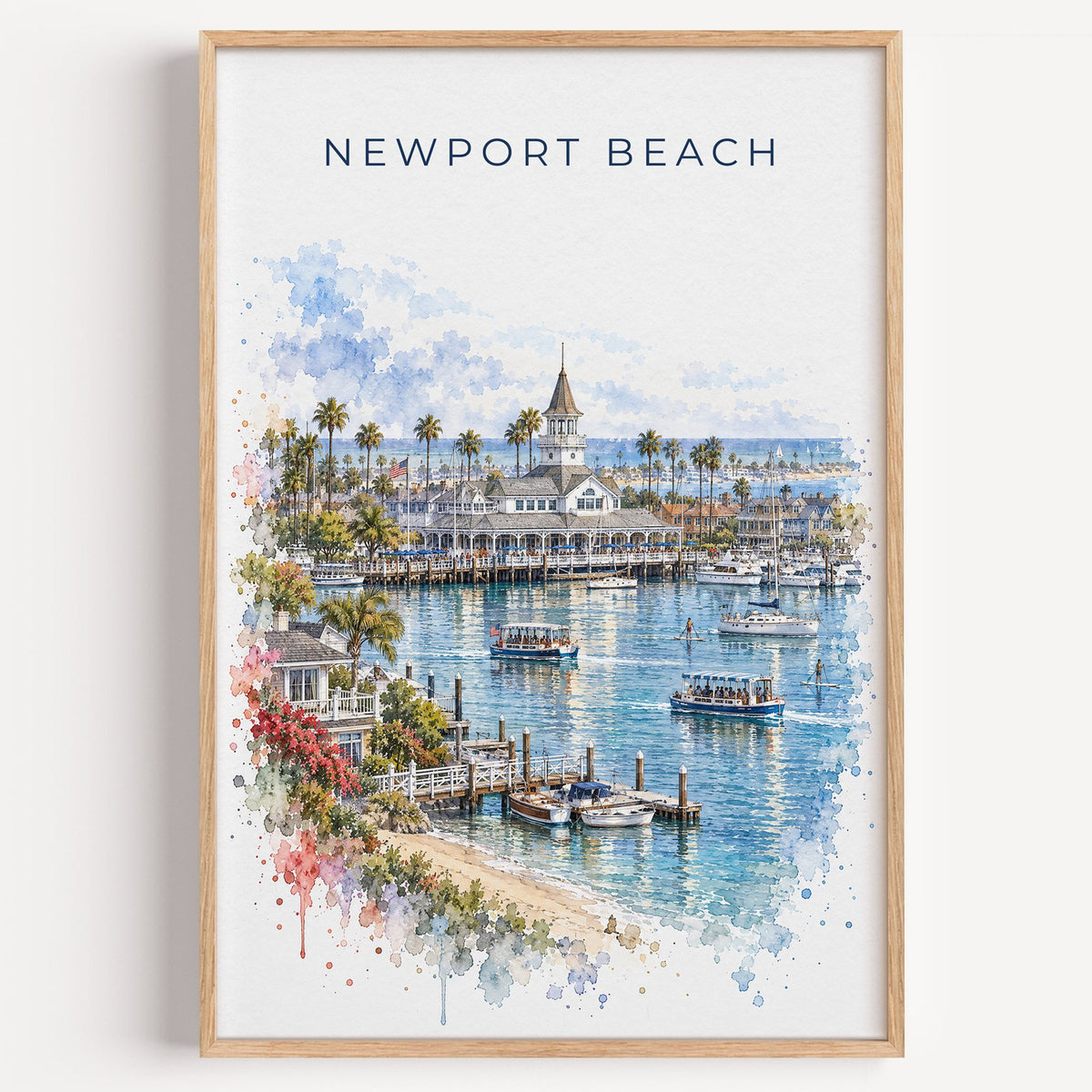 Newport Beach watercolor print in a light oak frame on a plain white wall