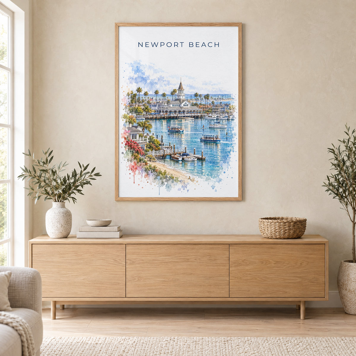 Newport Beach watercolor print in an oak frame above a light wood sideboard in a Scandinavian living room