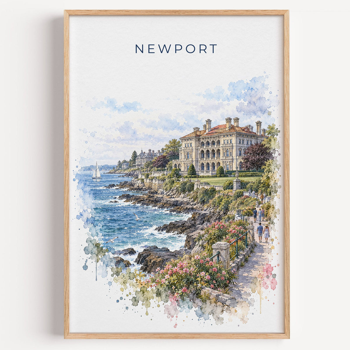 Newport, Rhode Island watercolor print in a light oak frame on a plain white wall