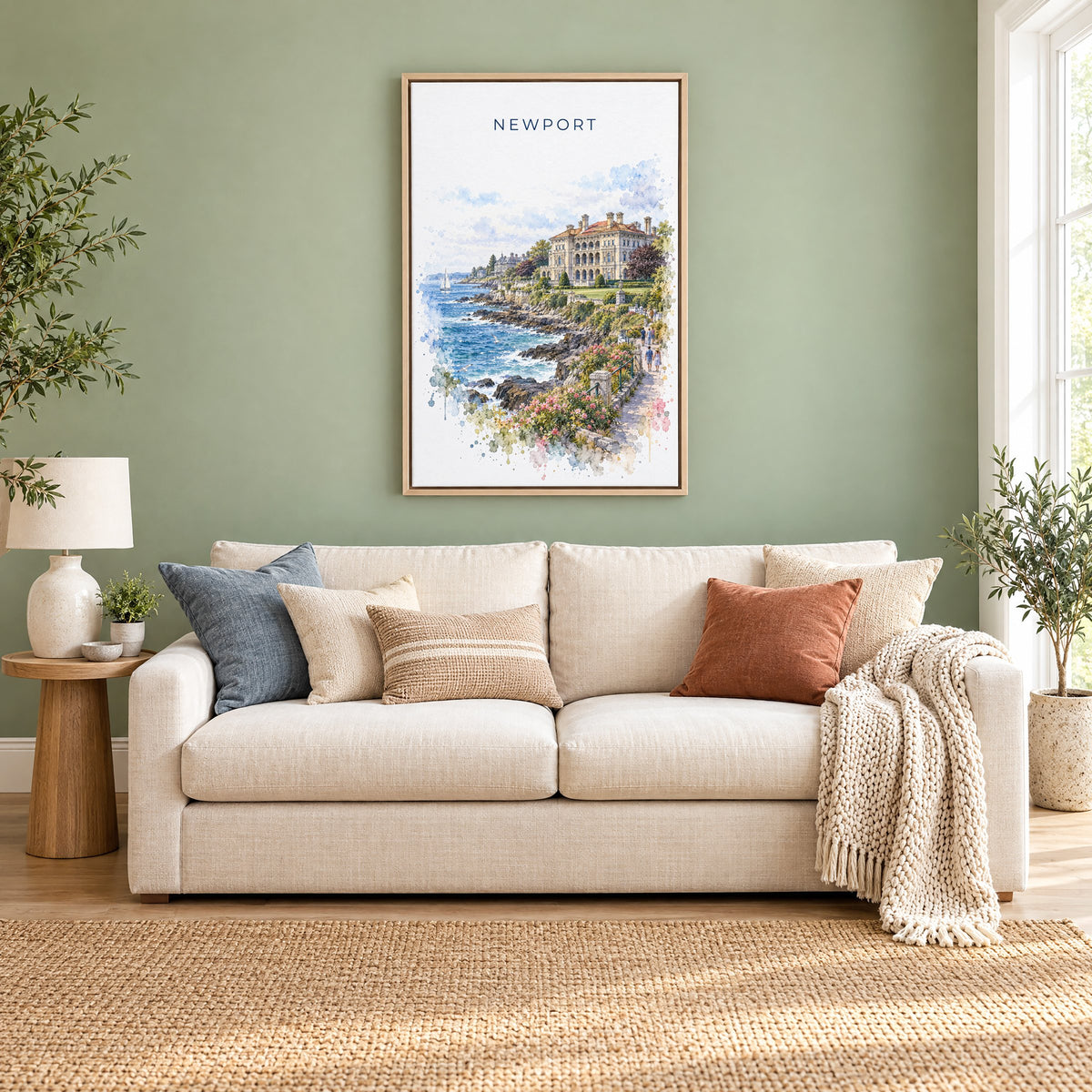 Newport, Rhode Island watercolor print as a natural floater canvas above a cream linen sofa on a sage green wall