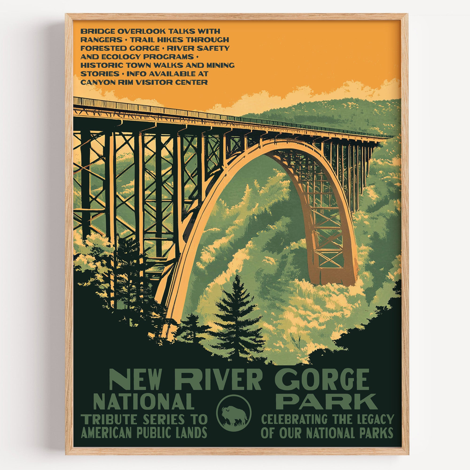 New River Gorge National Park wall art print in a thin wood frame, the steel arch bridge spanning the forested gorge