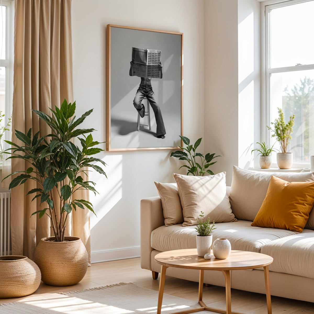 Figure on stool behind newspaper with repeated quote print in an oak frame above a cream sofa beside woven planters