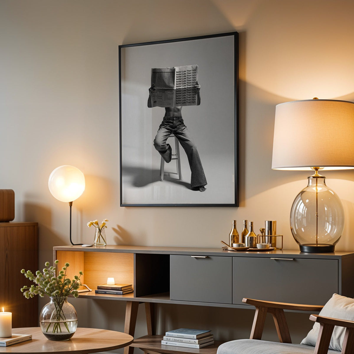Figure on stool behind newspaper with repeated quote print in a black frame above a grey media console with a glass table lamp