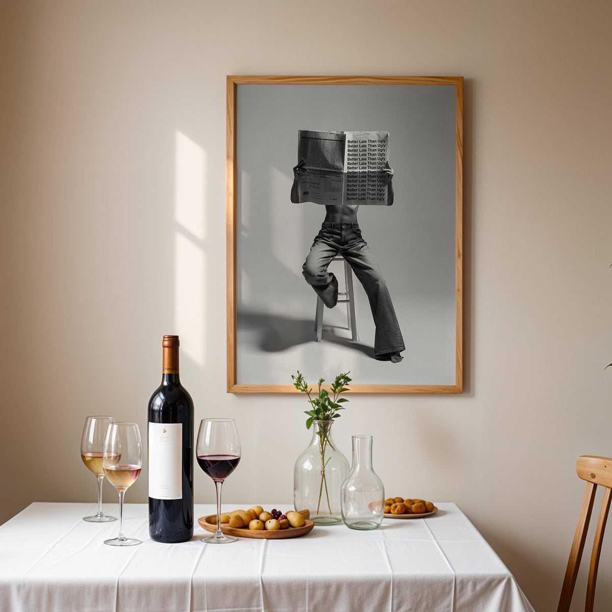 Figure on stool behind newspaper with repeated quote print in an oak frame above a table set with red wine and glasses