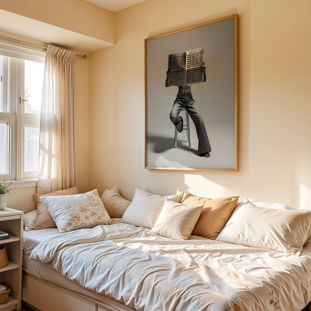 Figure on stool behind newspaper with repeated quote print in an oak frame above a cream daybed in a sunny bedroom