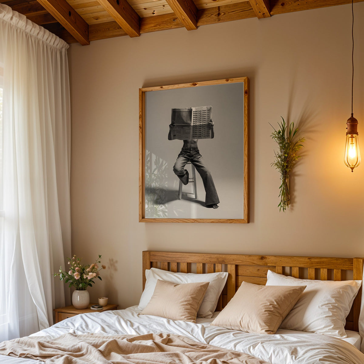 Figure on stool behind newspaper with repeated quote print in a pine frame above a wood headboard bed under a pendant bulb