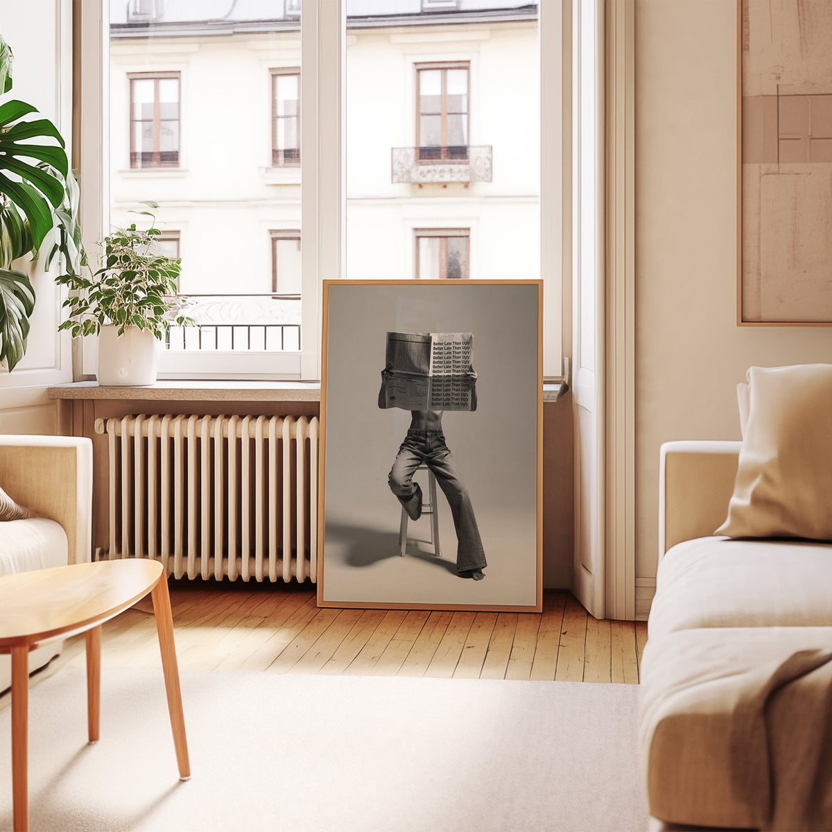 Figure on stool behind newspaper with repeated quote print in an oak frame leaning by a French window in a living room